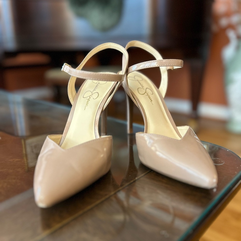 Jessica Simpson Tan Pointed-Toe Heels with Ankle Straps